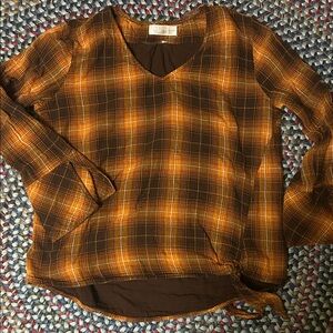 Time and Tru V-Neck Plaid Blouse in Brown and Orange